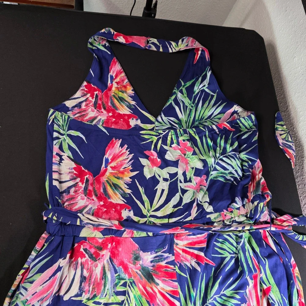 Sofia Jeans by Sofia Vergara‎ Tropical Parrot Halter Wide Leg Jumpsuit Navy L